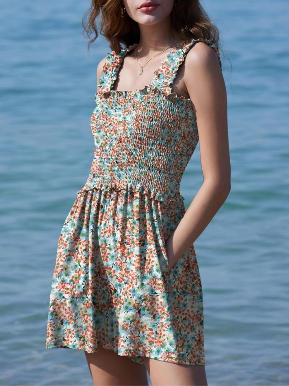 Smocked Floral Sundress Romper in Touquise Peach and White - Picture 2 of 9